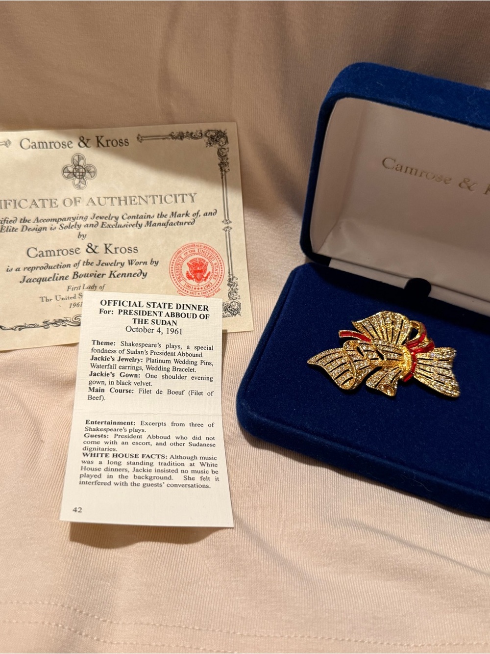 Vintage Camrose & Kross Jacquline Kennedy Rhinestone Bow Brooch - Gold & Red